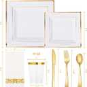 N9R 50 Guest Gold Dinnerware Set-100 White Square Plastic Plates with Gold Rim, 50 forks, 50 Spoons, 50 Knives, 50 Cups, 50 Napkins-Disposable Dinnerware Set for Wedding