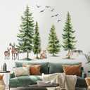 Green Pine Tree Wall Sticker Woodland Animals Wall Decal Peel and Stick Forest Wall Art Mural Deer Wolf Bird Wall Stickers for Bedroom Decor