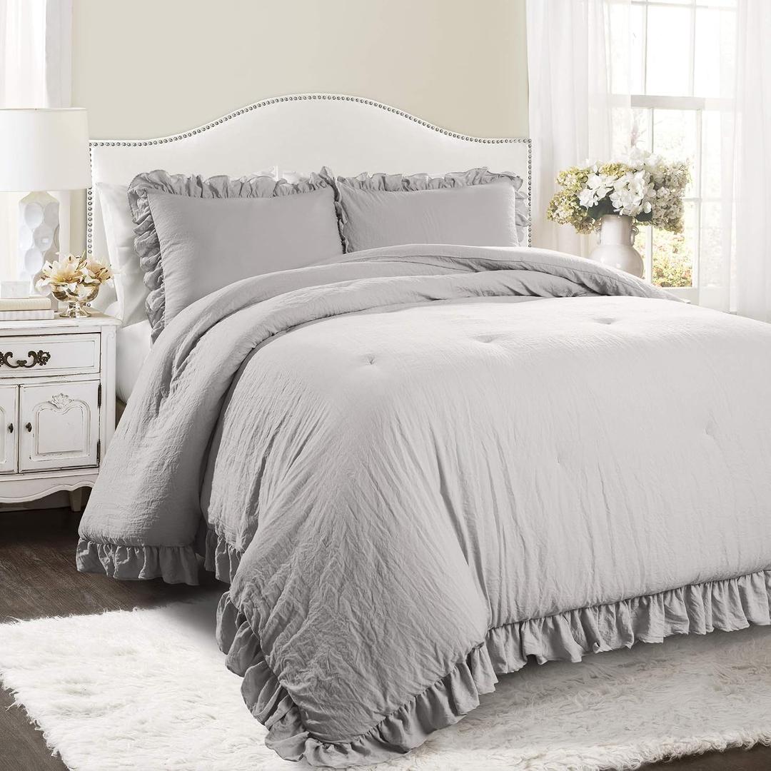 Lush Decor Reyna Ruffle Comforter Set, King, Light Grey, 3 Piece Cozy Bedding Set