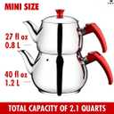 Hakan Teapot Set with Self Strainer Double Lids, Stainless Steel Mini Double Bondy Tea Pot Set, Turkish Samovar Style, Tea Kettle for Loose Leaf Tea with Bakelite Handle | 0.84 + 1.26 Qt.