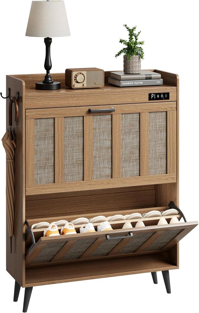 ChooChoo Shoe Storage Cabinet with 2 Flip Drawers, Deodorizing Shoe Organizer Storage for Entryway, Freestanding Hidden Slim Narrow Shoe Rack Cabinet, Rustic Oak