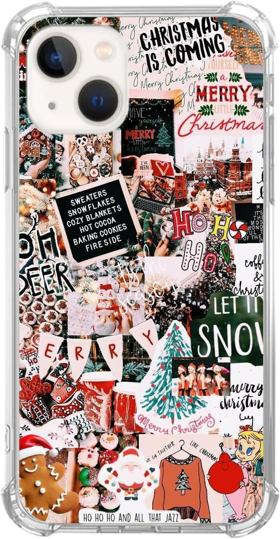 Aesthetic Christmas Collage Case Compatible with iPhone 14, Winter Merry Christmas Case for iPhone 14, Trendy Cool TPU Phone Case Cover