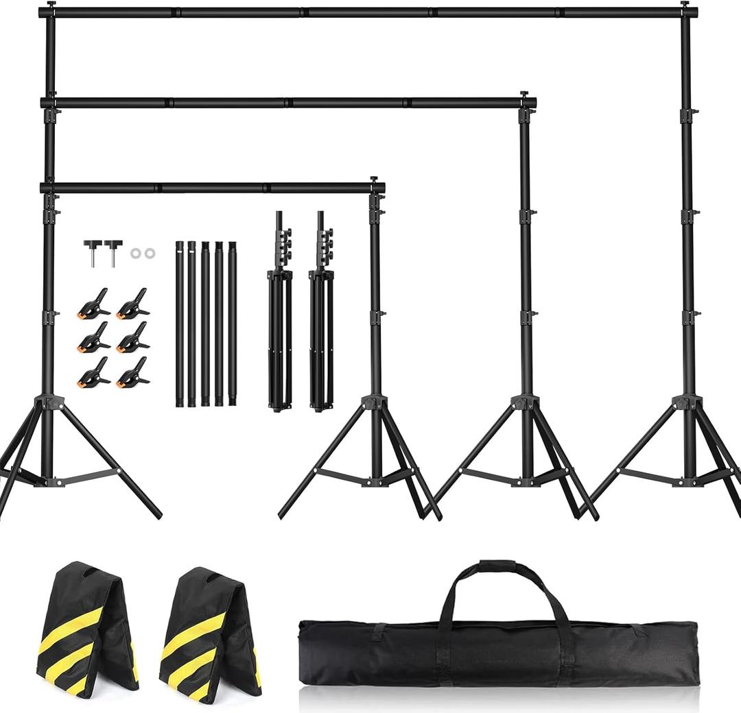 Backdrop Stand 10 x 7.5 FT for Parties, Adjustable Photo Backdrop Stand Kit for Wedding, Studio, Photography Background Stand with Sandbags, Spring Clamps, Carry Bag