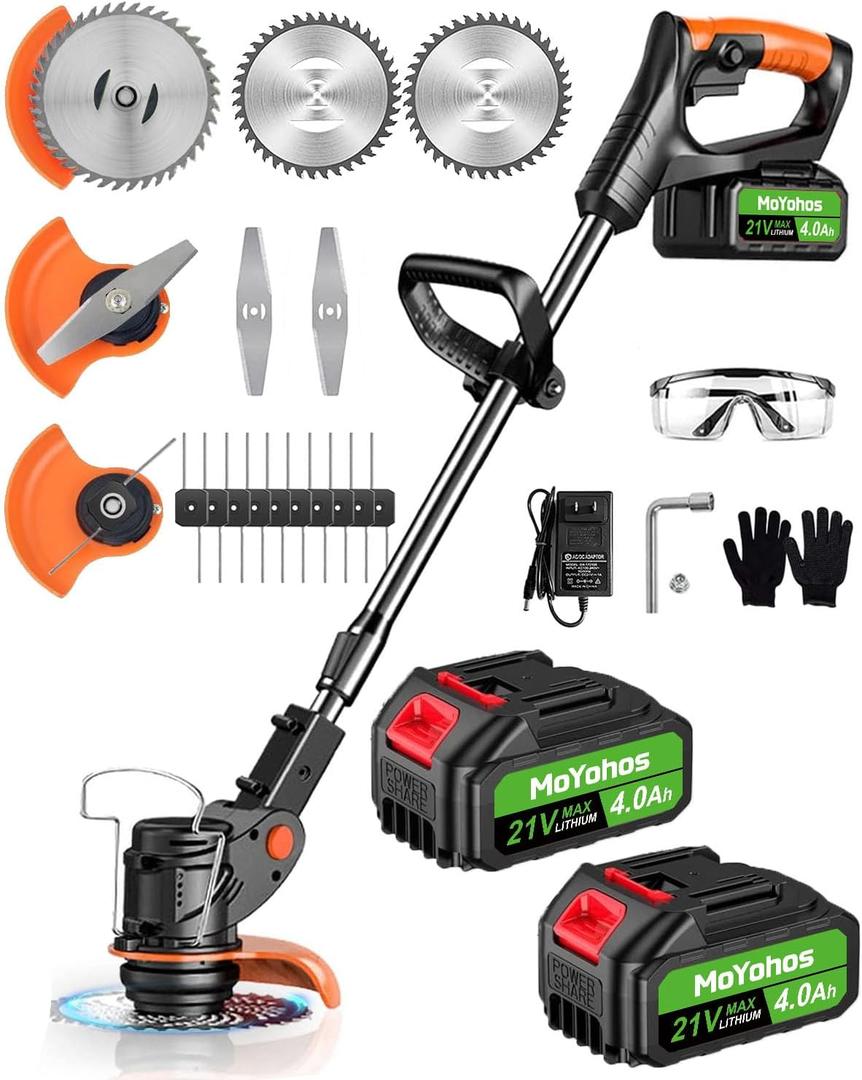 Electric Weed Wacker Cordless, 21V Weed Cordless Eater Battery Powered, with 2 * 4.0 Batteries & Charger, Lightweight Brush Cutter/Grass Trimmer, 3 Types Blade, for Lawn Yard Garden, Black