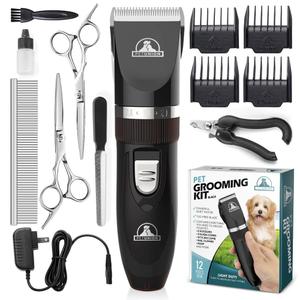 Pet Union Professional Dog Grooming Kit - Cordless Low Noise Dog Clippers for Grooming Thick Coats - All Pet Safe Cat Hair Trimmer - Pet Grooming Kit Includes Dog Hair Clippers, Nail Trimmer & Shears (Gunmetal)