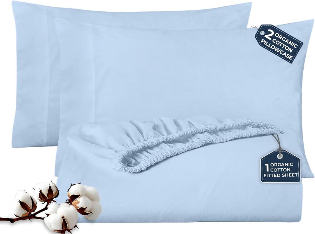 Royale Linen Fitted Sheet With Pillowcases - Queen Fitted Sheets With 2 Pillowcases - 300 Thread Count 100% Organic Cotton - Fit Mattress Up to 18" Deep - Soft & Breathable - Lake Blue (No Flat Sheet)