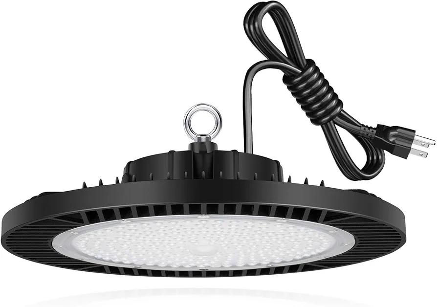 LEDMO LED Shop Light UFO High Bay Light 200W 28000LM with US Plug Hook ETL Listed Commercial Bay Shop Lights for Garage Led Super Bright No Flicker 5000K IP65 Waterproof for Gym Pole Barn Garage