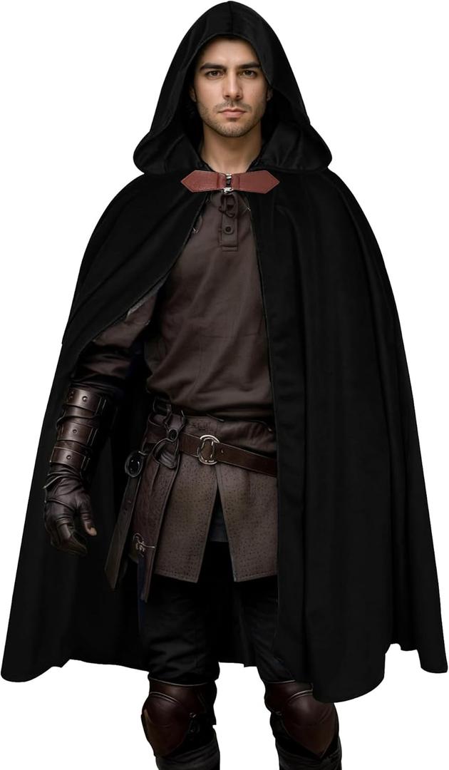 IvyRobes Men Medieval Hooded Cloak Velvet Renaissance Cape with Hood Hobbit Capelet Halloween Dress Up Cosplay Costume (Black)