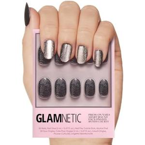 Glamnetic Press On Nails - Galactic | Short Round Shimmery Pewter Glittered Nails with a Glaze Finish | 12 Sizes - 30 Nail Kit with Glue
