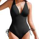 AI'MAGE Womens One Piece Swimsuits V Neck Tummy Control Bathing Suit Criss Cross Back Slimming Swimwear with Drawstring, Size 1XL