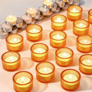 32 Set Tealight Candles with Gold Candle Holders Unscented Smokeless Votive Candles for Table Centerpiece Glass Ribbed Tealight Holders Bulk for Home Living Room Wedding Christmas Birthday