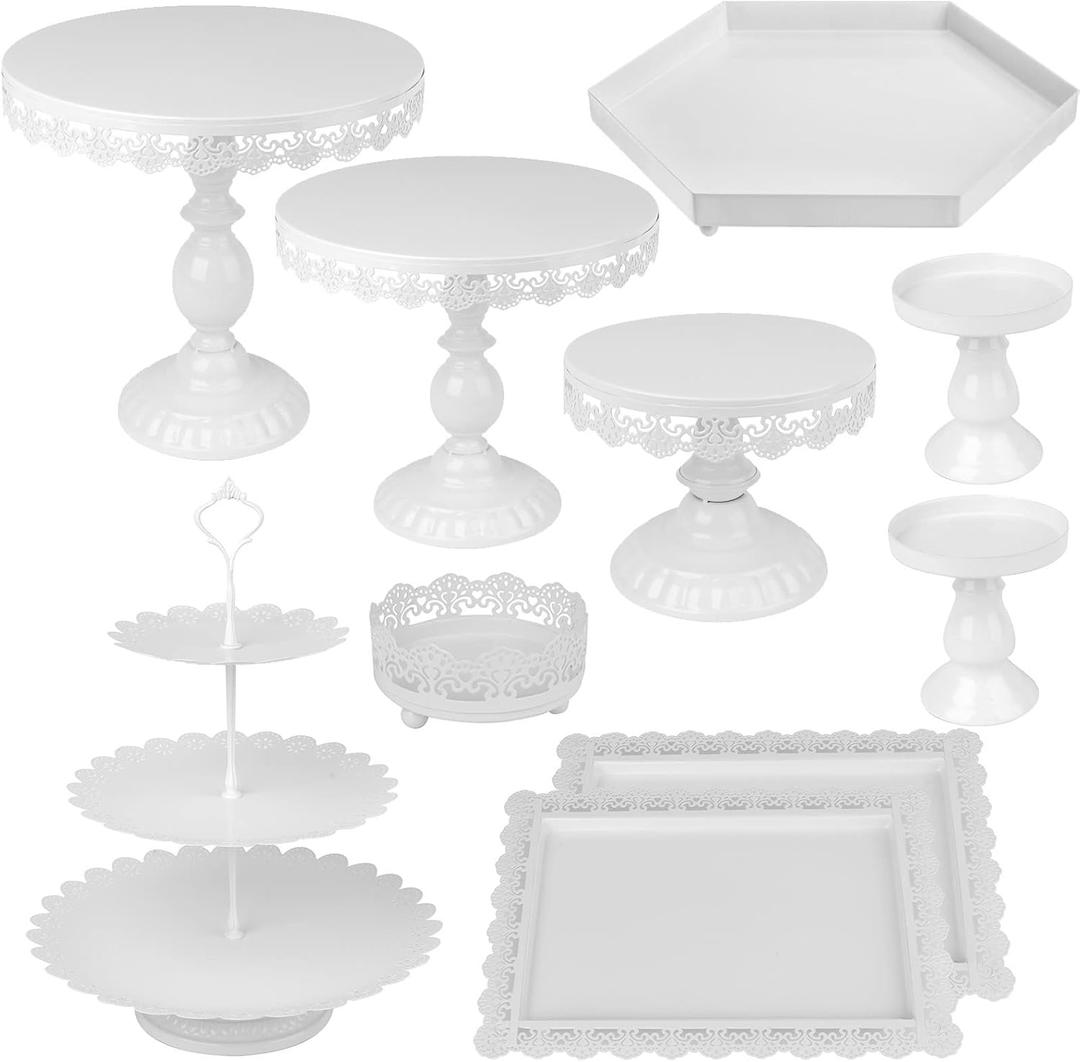 ZOOFOX Set of 10 Metal Cake Stands, Cupcake Holder Fruits Dessert Snack Plate Decor Serving Platter for Baby Shower, Wedding, Birthday Party or Christmas (White)
