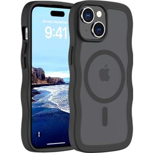 4 x Hualele Magnetic for iPhone 15 Case, Compatible with MagSafe, Military Grade Dropproof Translucent Matte Back Cute Curly Wave Edge Slim Phone Case for iPhone 15, Black