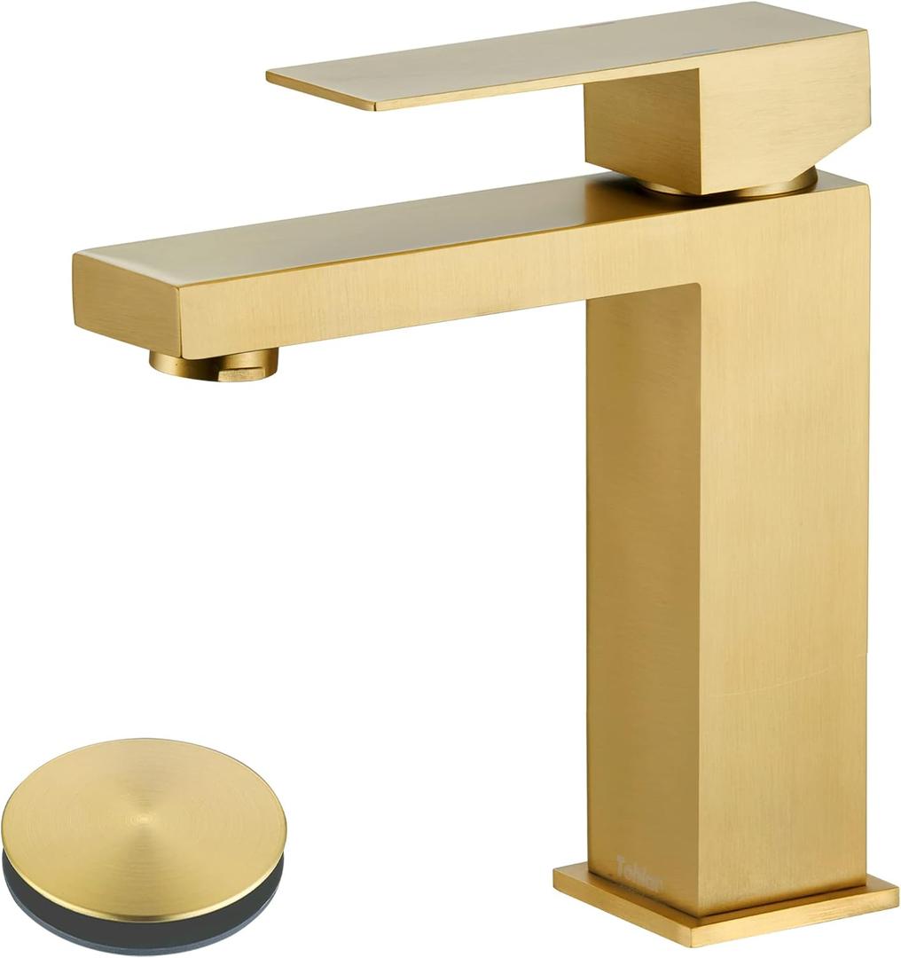 Tohlar Gold Bathroom Faucet, Brushed Gold Faucet for Bathroom Sink, Gold Single Hole Bathroom Faucet Modern Single Handle Vanity Basin Faucet with Overflow Pop Up Drain Stopper and Water Supply Lines