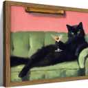 Framed Black Cat with Martini Wall Art Print, Whimsical Cute Cat Decor Paintings, Cocktail Art Bar Cart Decor, Funny Animal Canvas Pictures Aesthetic for Home Living Room Bedroom – 8x10 inch