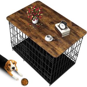 Dog Crate Topper Wood Countertop for 42 Inch Dog Cage, Dog Crate Table Topper Collapsible Dog Kennel Topper (Rustic Brown, 42 Inch)