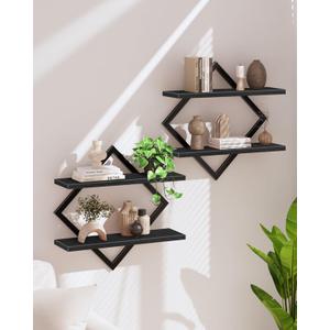 Floating Shelves, Set of 2 Wall Shelves, 2-Tier Hanging Shelves, Wall Shelf Set of 2, Wall Mounted Shelves, for Living Room, Bedroom, Kitchen, Office, Study, Black TBJ01P2BB