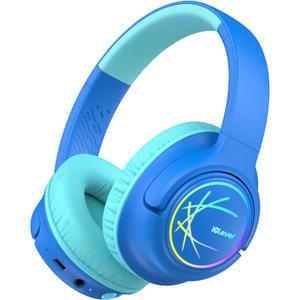 iClever Kids Bluetooth Headphones with LED Lights, 43H Playtime, Type-C Fast Charging, BTH18 Safe Volume 74/85dBA, Bluetooth5.3,Toddler Headphones Aux Cord for iPad/Tablet/Travel/School, Blue