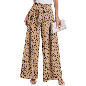 Lepunuo Wide Leg Pants for Women High Waisted Palazzo Pants Work Casual Flowy Tie Knot Trousers with Pockets (Small, Leopard - Khaki)