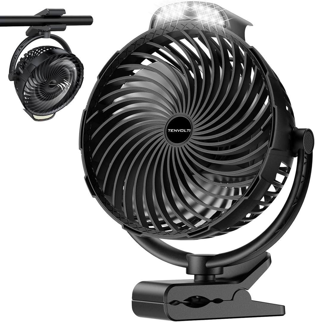 10000mAh Clip on Fan, 8-Inch Golf Cart Fan Rechargeable with LED Light, 9 Speeds Strong Airflow, Ultra Quiet, 30Hrs Runtime, 360 Rotation, Cooling for Bed Camping Office Desk Dorm, Black