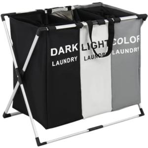 Laundry Basket Sorter, 3-Section Laundry Basket Organizer, Foldable Hamper/Sorter with Waterproof Oxford Bags and Aluminum Frame, Laundry Hamper suitable for laundry rooms (25.79x15.55x23.62 in)
