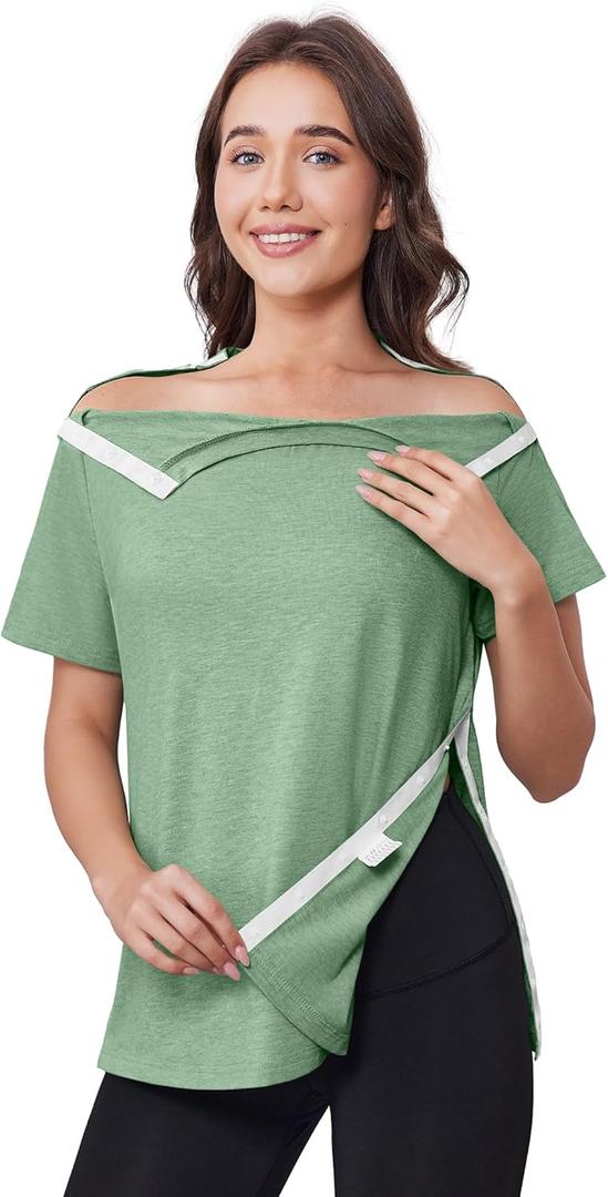 Deyeek Post Shoulder Surgery Shirts for Women Tear Away Side Snap Chemo Port Shirts Short Sleeve Adaptive Clothing (Green, XXXL)