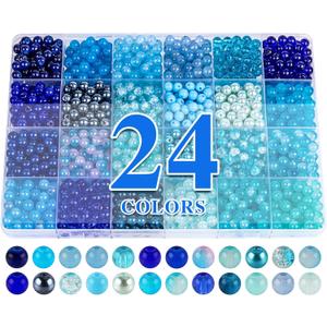 XSEINO About 1200PCS 6mm Glass Beads Bracelet Making Kit,24 Assorted Dreamy Blue Ocean Series Colorful Crystal Beads for Bracelet and Jewelry Making and DIY Crafts,Friendship Bracelets