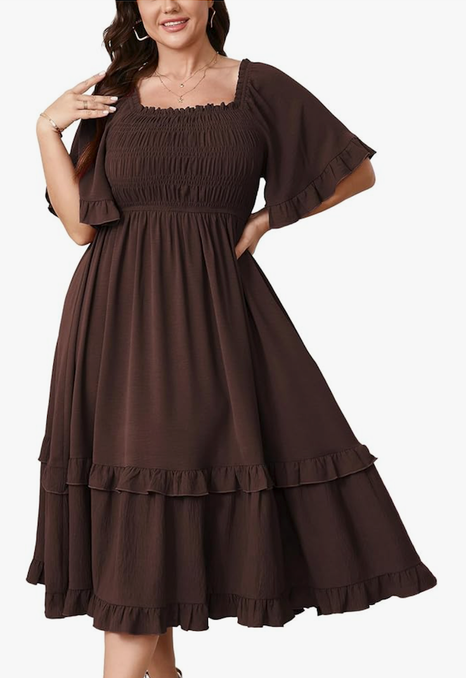 SCOMCHIC Women's Plus Size Dress Bow Front Short Sleeve Square Neck Smocked Wedding Guest Cocktail Maxi Dress Brown L