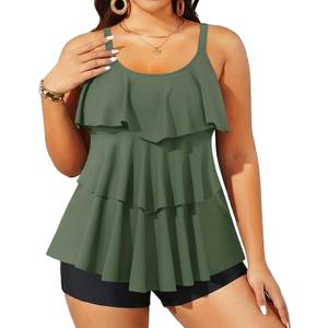 Yonique Plus Size Tankini Swimsuits for Women Two Piece Ruffle Swimsuit | High Waist Shorts, 3-Layer Ruffle, Removable Cups, Adjustable Straps (S)