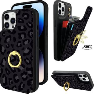 TopPerfekt Compatible with iPhone 14 Pro Wallet Case with Card Holder, 360 Rotation Finger Ring Holder Kickstand Protective RFID Blocking PU Leather Pattern Double Buttons 6.1" Black Leopard