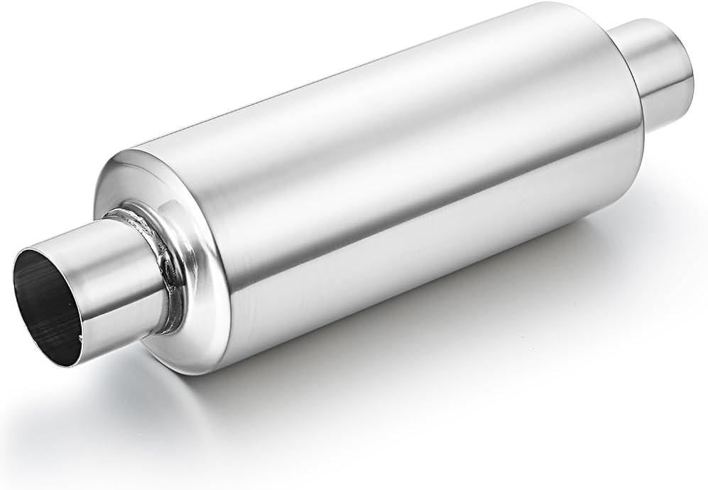 LCGP 2" Inlet Universal Resonator, 2" Outlet 13.77" Overall Length Stainless Steel High Performance Muffler, Polished, Pass-Thru Design (Silver)