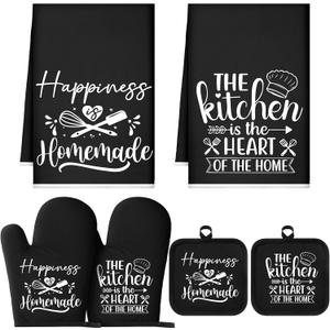 Sratte 6 Pcs Kitchen Decor Accessories Set Farmhouse Towels Pot Holders Oven Mitts Set 2 Dish Towels 2 Potholders 2 Cooking Mittens Oven Glove for Baking Cooking Supply(Black,Kitchen)