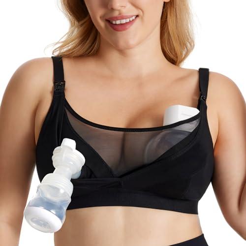 Momcozy Mesh Support Pumping Bra Hands Free Suitable for 36C-44G, Comfortable Plus Size Pumping and Nursing Bra in One Black 2XL