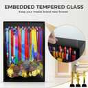 Medal Hanger Display Case, Dust-Proof 22"x15" Wall Mount medal holder with 3 Hanging Rods & Trophy Shelf, Holds 60+ Medals, HD Tempered Glass, Solid Wood, for gymanstics,race,soccer,swim
