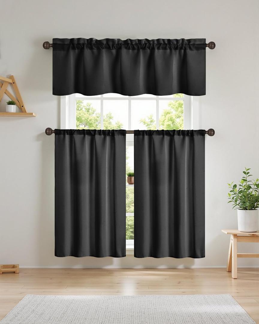 Easy Home 3 Piece Solid Color Blackout Window Curtain Set with Tiers and Valance Rod Pocket Thermal Privacy Curtain Tiers for Kitchen, Living Room, Bathroom Shades, W27 x L36 Inch,Black
