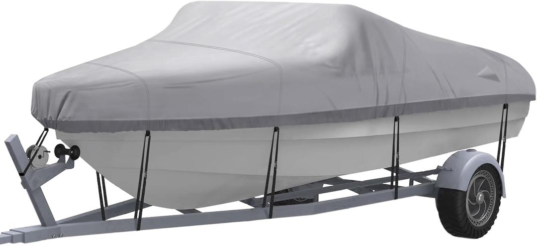 NEXCOVER Trailerable Boat Cover, Length: 16-18.5 Beam Width: up to 94, Waterproof Heavy Duty Cover, Fits V-Hull, TRI-Hull, Runabout, Pro-Style, Bass Boat, Storage Bag & Tightening Straps Included. (Grey)