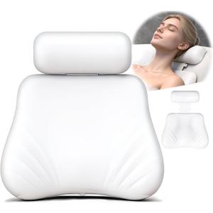 Silicone Bath Pillow, Upgraded Bath Pillows for Tub, Adjustable Height Bathtub Pillow for Head and Neck, 4D Luxury Tub Pillow Skin-Friendly Large Suction Cups Stability, Spa Relaxation-White