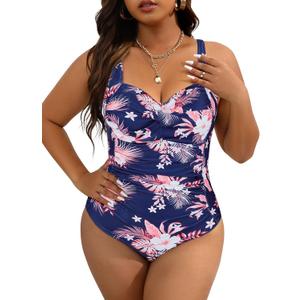 Women Plus Size Bathing Suit Tummy Control Womens Swimsuits One Piece Plus Size Swimsuits Vintage Swimwear (01 Pink-blue Print) 4XL
