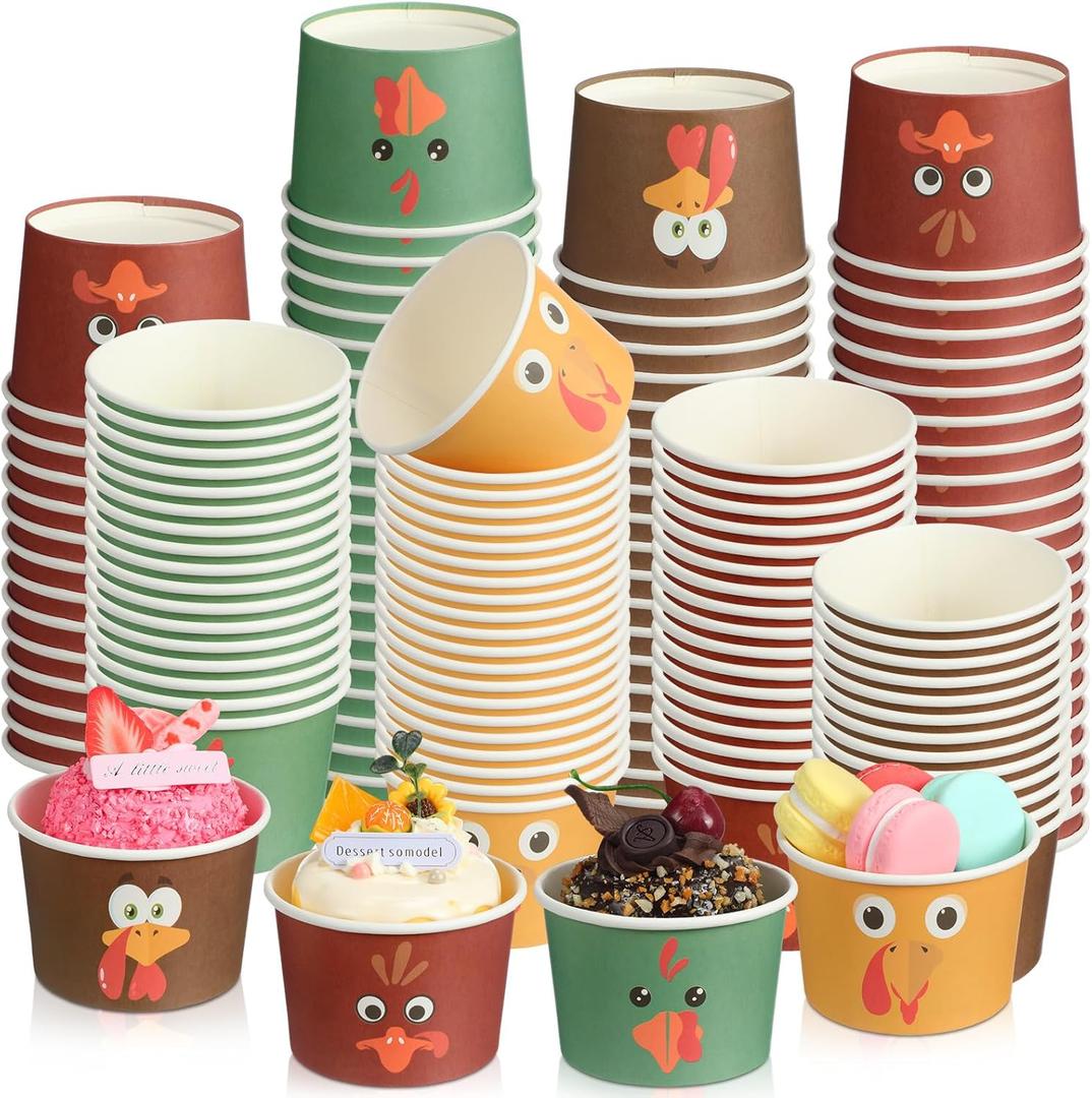60 Pcs Thanksgiving Snack Cups 8 oz Turkey Disposable Paper Bowls Fall Autumn Themed Turkey Treat Paper Cups Dessert Ice Cream Bowls for Thanksgiving Party Favor Supplies, 4 Styles