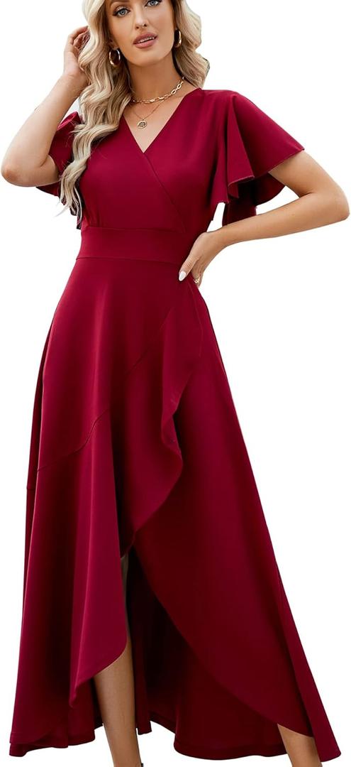 Long Black Formal Dresses for Women Gowns Evening Party Cocktail Dress,Split Elegant V Neck Wrap Ruffle Wedding Guest Dresses (Large, Burgundy)