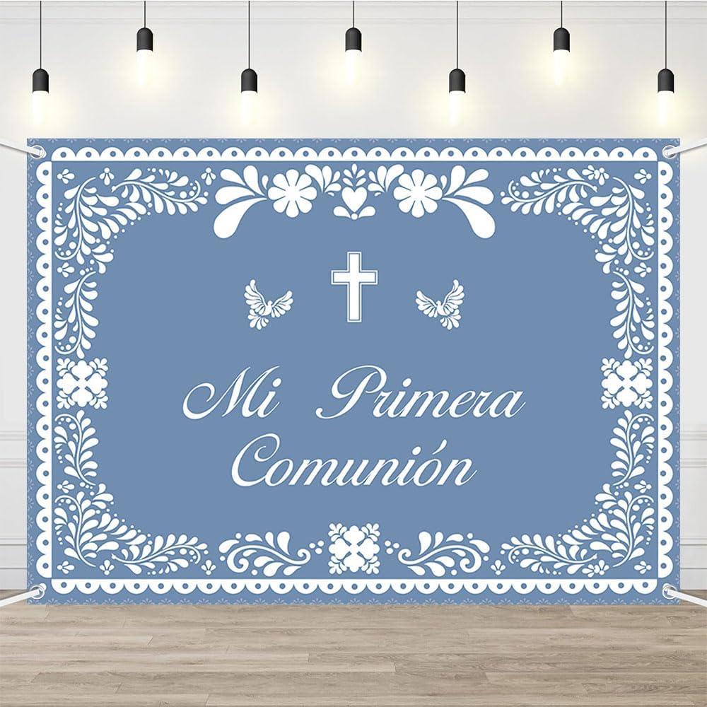 AIBIIN 7x5ft Mi Primera Comunin Banner Backdrop for Boys Blue Mexican Baptism Party Decorations God Bless First Holy Communion Photography Background Mexican Cielito Lindo Banner Photo Supplies