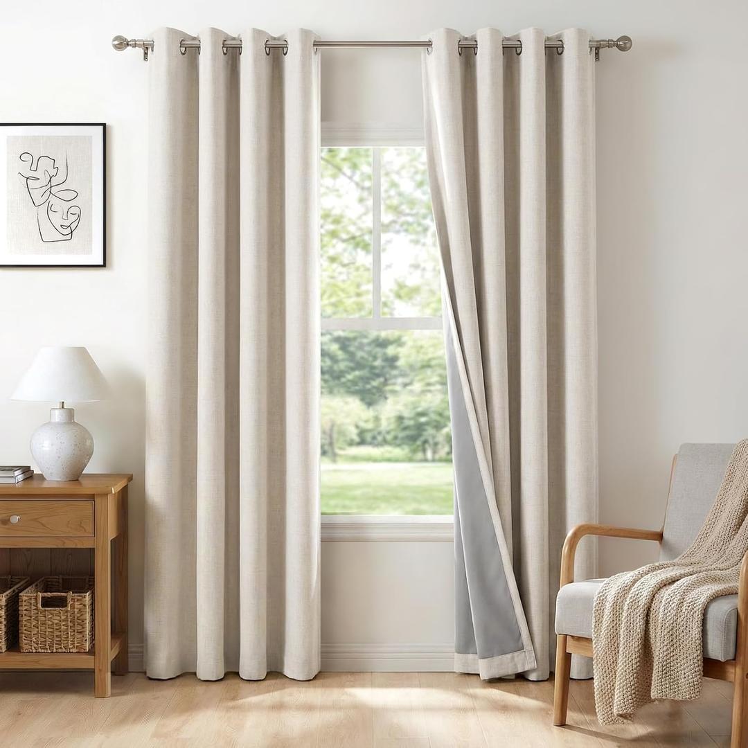 100% Blackout Shield Blackout Curtains for Bedroom 84 Inches Long, Beige Grommet Curtains for Living Room, Thermal Insulated Room Darkening Drapes for Nursery, 50" W x 84" L, 2 Panels