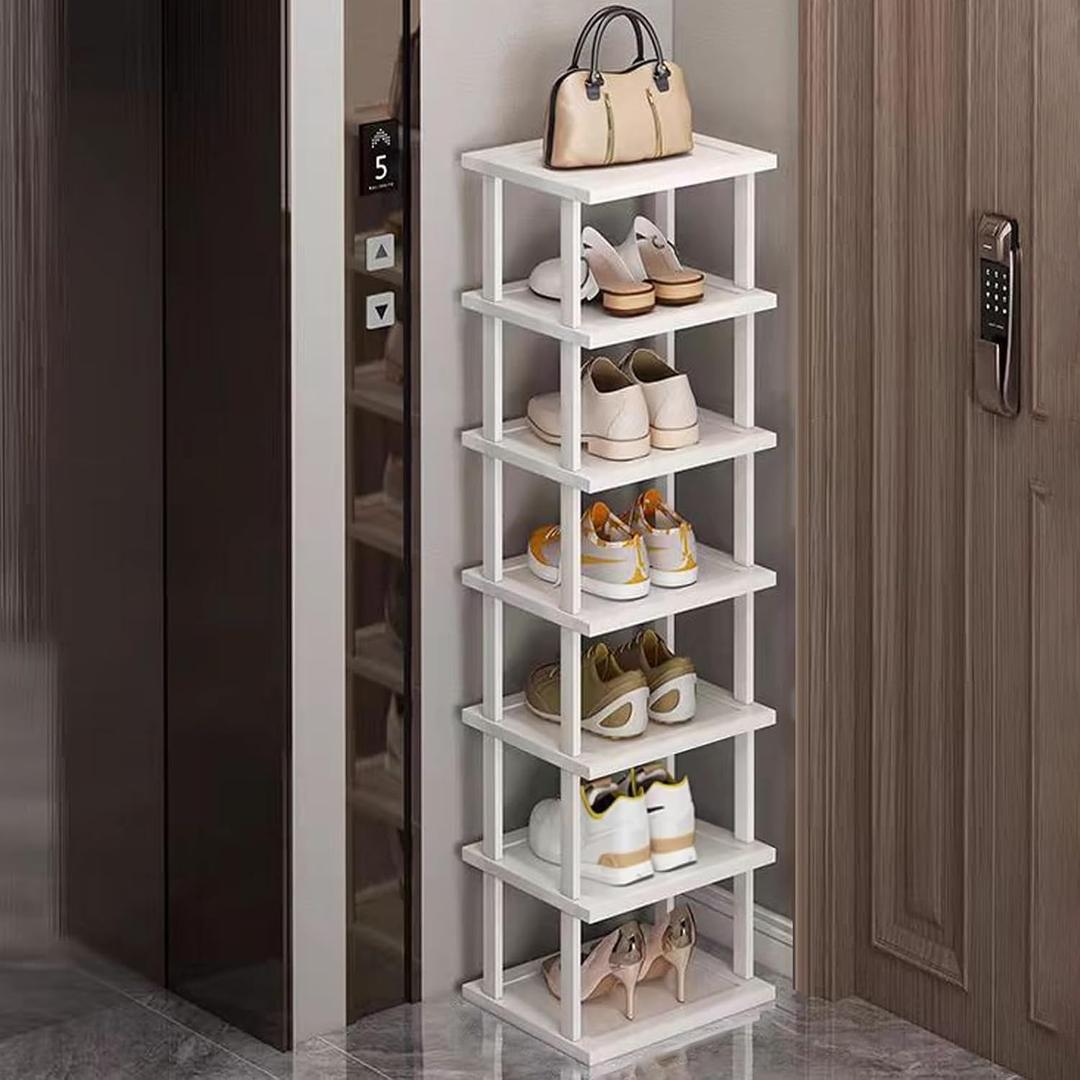 SAN HE 7-Tier Modern Bamboo Shoe Rack - Vertical, Slim, Space-Saving Shoe Organizer for Small Spaces, Closet, Entryway, Corner, Garage, Bedroom (White)