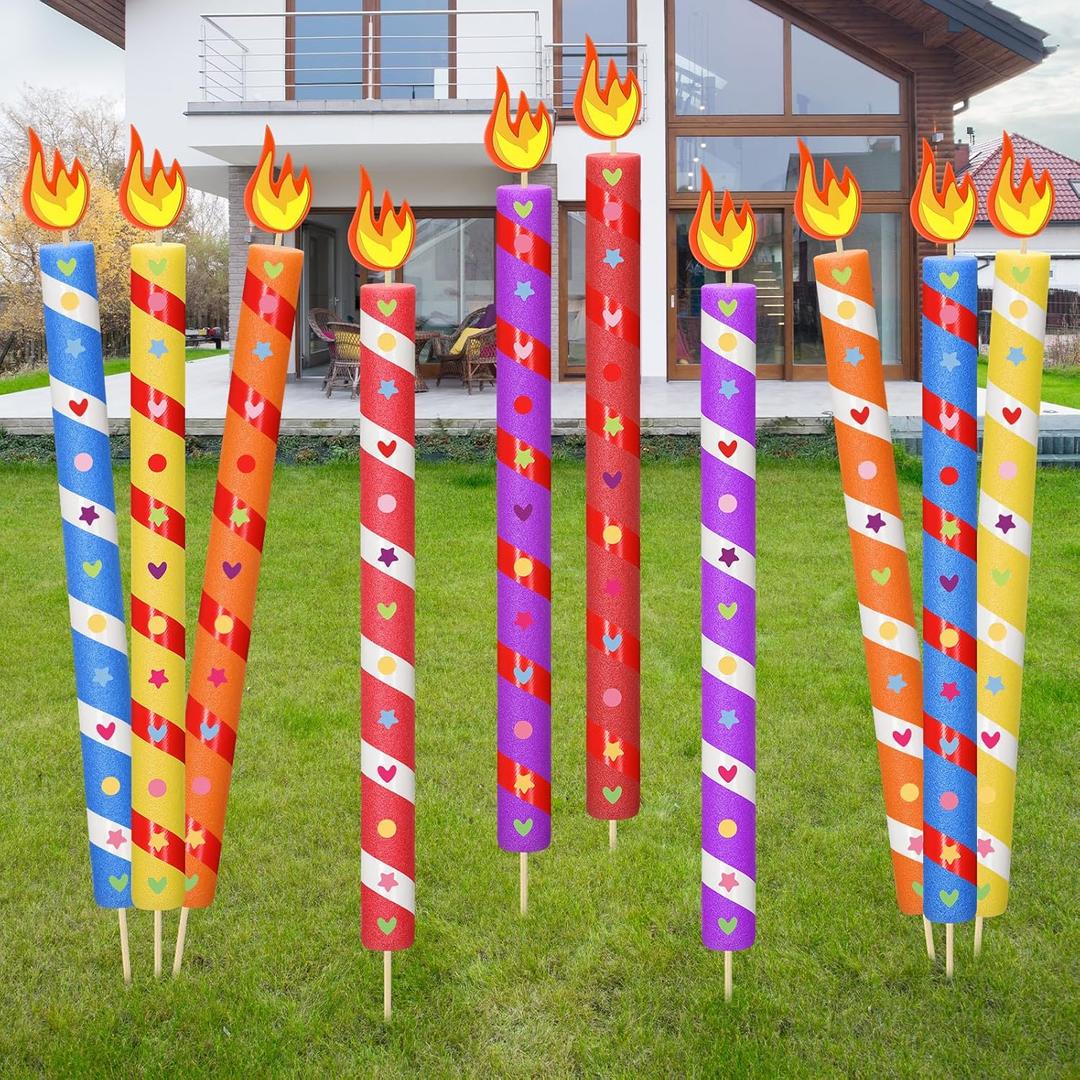 26 Pack Birthday Candles Yard Signs Decorations Outdoor DIY Kits Includes 10 Foam Noodles 10 Fire Cake Toppers 2 Rolls Masking Tape Bamboo Skewers and 3 Sheets Stickers