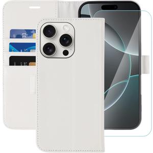MONASAY Wallet Case Compatible for iPhone 16 Pro Max 5G, 6.9-inch, [Glass Screen Protector Included] [RFID Blocking] Flip Folio Leather Cell Phone Cover with Credit Card Holder, White