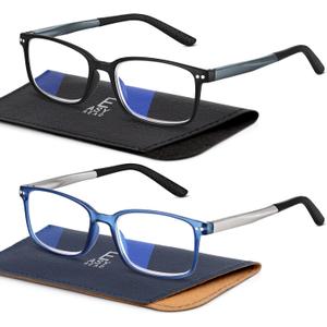 EASY READ 2 Pairs Sporty Style Reading Glasses for Men，Rectangular TR90 Blue Light Blocking Readers with Spring Hinge(Magnification 1.75, Black/ Blue)