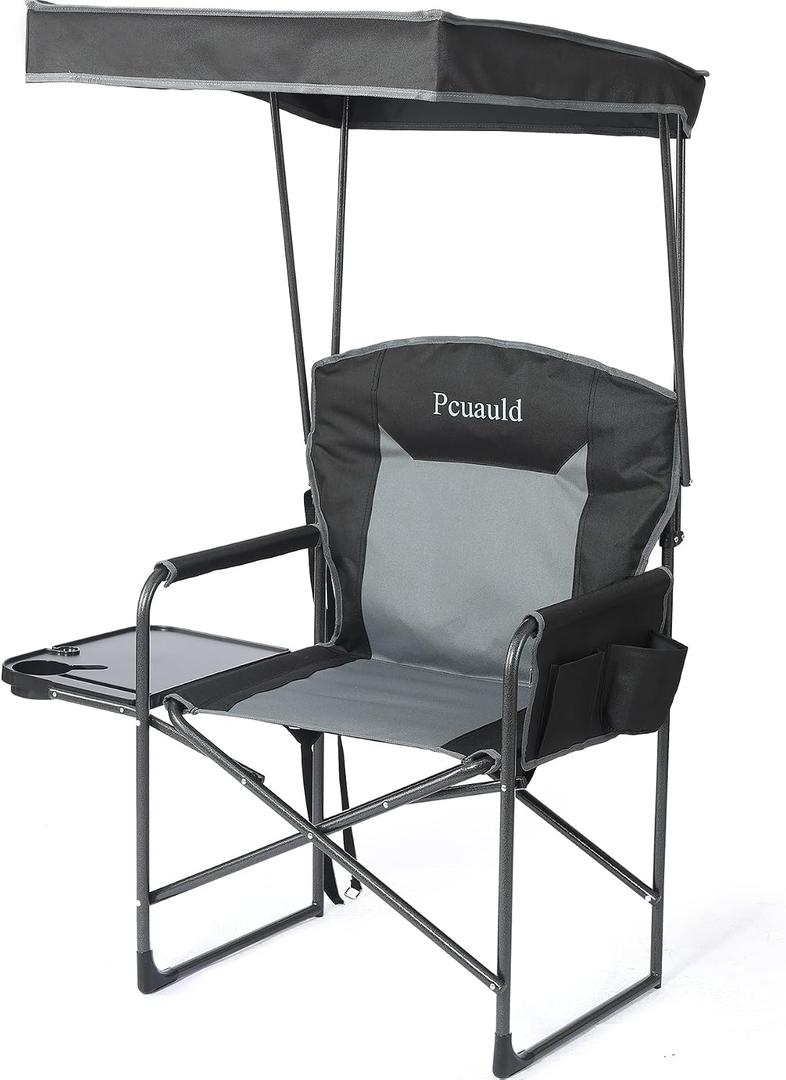 Oversized Camping Chairs with Canopy Foldable Directors Chair with Side Table & Pockets Portable Adults Heavy Duty Outdoor Folding Chairs for Lawn, Beach, Picnic, Sports and Fishing, Supports 500lbs