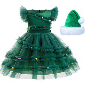 Christmas Tree Costume Girls Xmas Dress with Santa Hat (3-4 Years, Green)