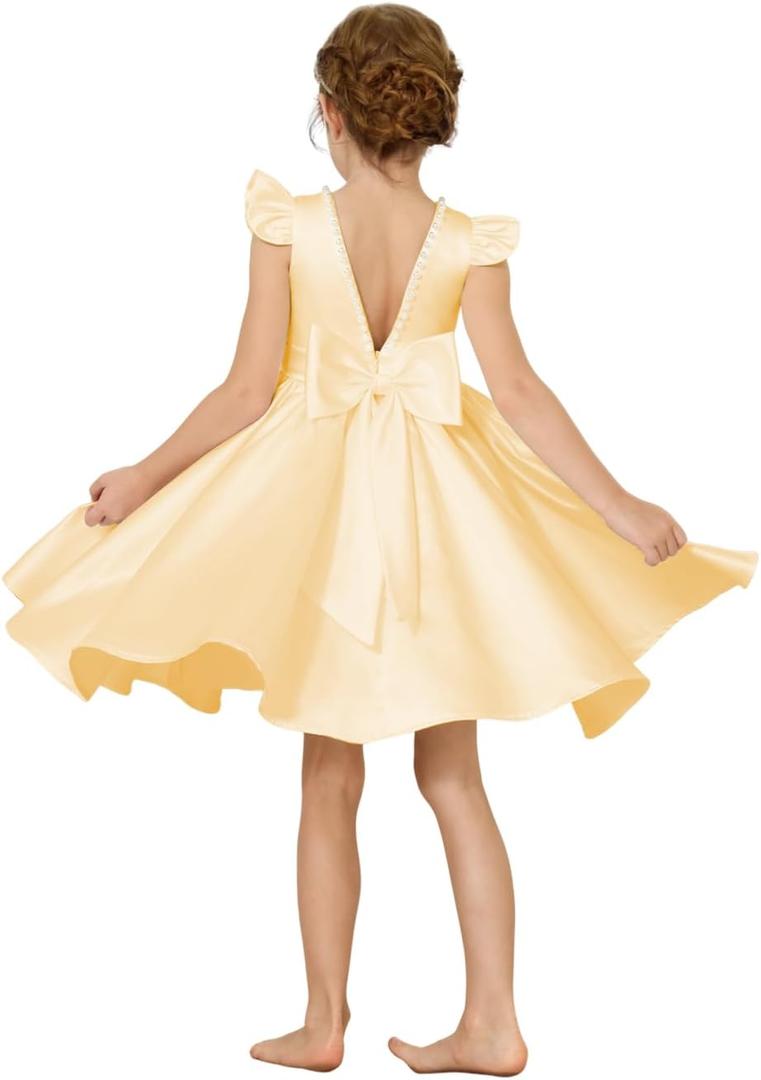 2024 Junior Girls Bridesmaids Mini Dress Silky Satin Cute Wedding Flower Girl Dresses O-Neck Summer Holiday Formal Evening Party Dresses for Toddler Girl with Bow-Knot Yellow Size 10