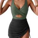 B2prity Women Mesh One Piece Swimdress Swimsuit Tummy Control V Neck Cutout Bathing Suit Wrap Drawstring Sarong Swimwear (XL)